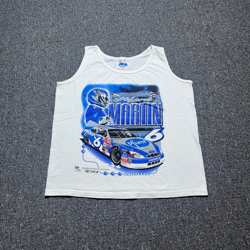 Vintage Hanes Mark Martin NASCAR Tank Top Large White Pfizer Ford Racing Y2K